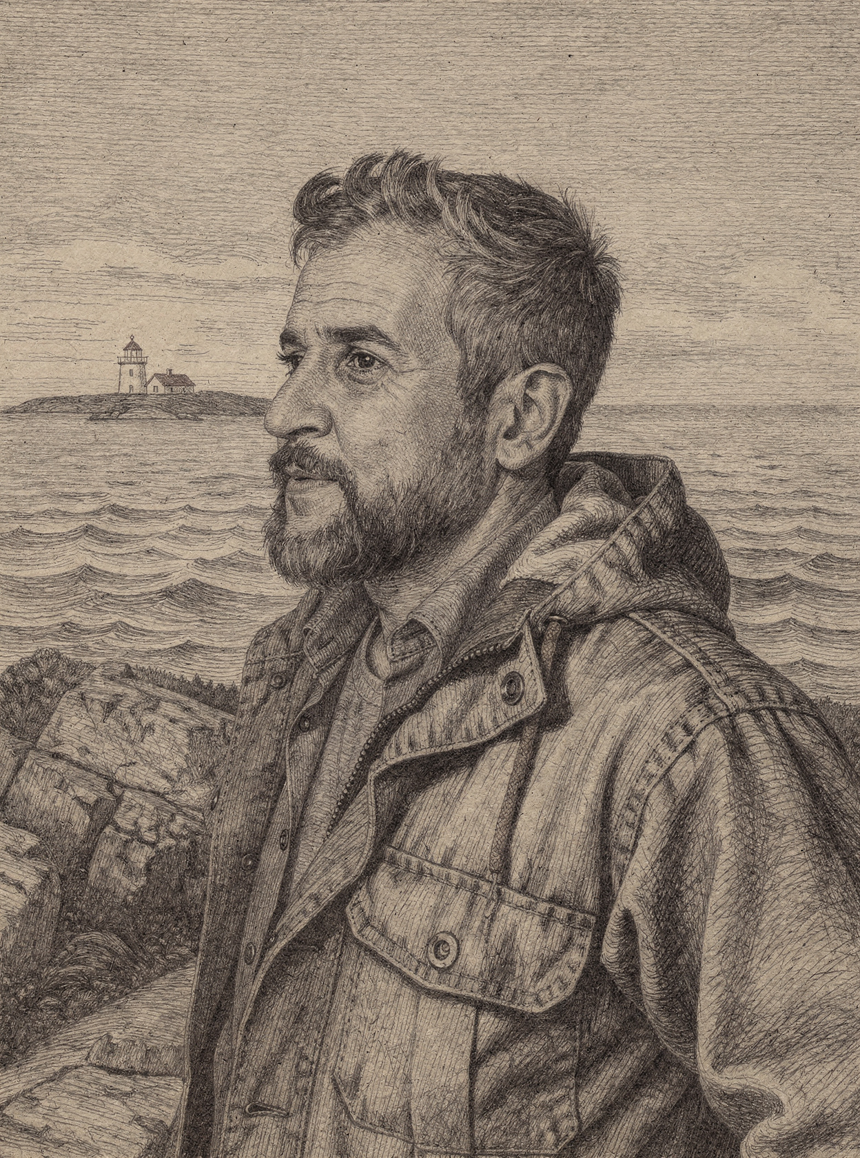 Engraved portrait of the surveyor looking out over the Maine coast at dusk, a lighthouse in the distance